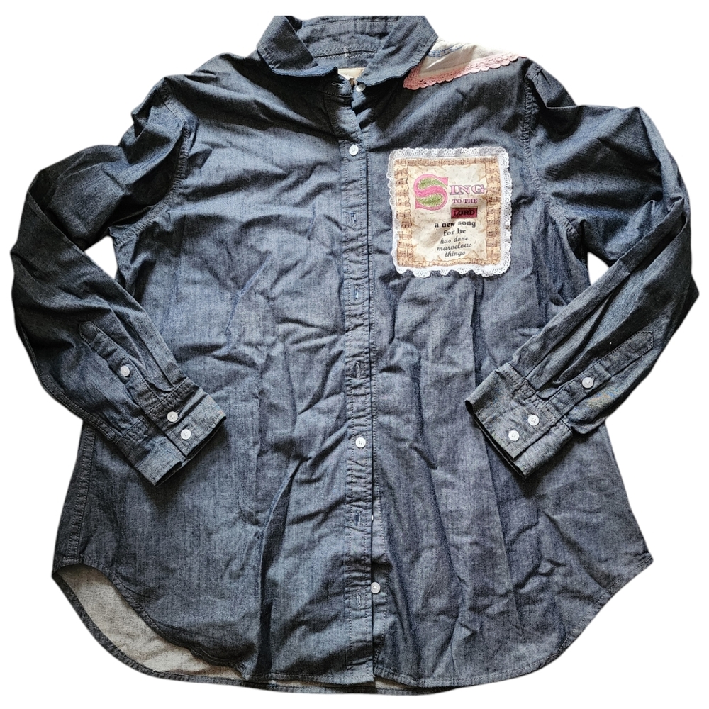 Denim Button-Up Shirt With Patchwork - image 1